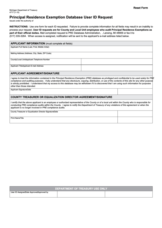 Fillable Form 4717 - Principal Residence Exemption Database User Id Request Printable pdf