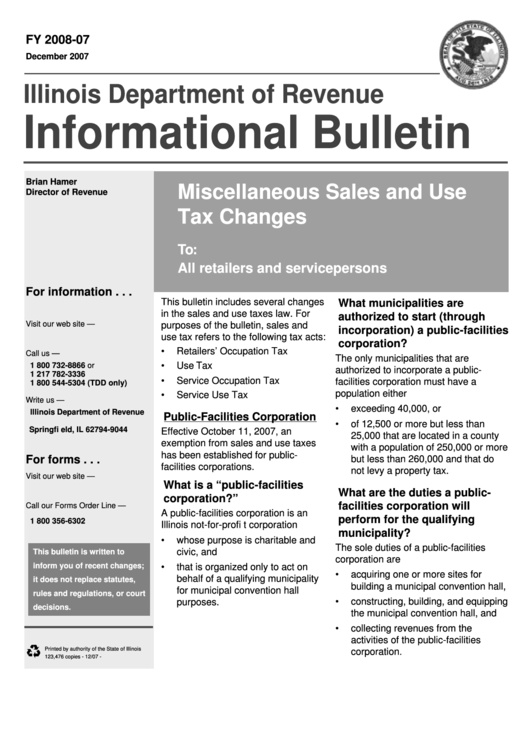 Informational Bulletin - Illinois Department Of Revenue - 2007 Printable pdf