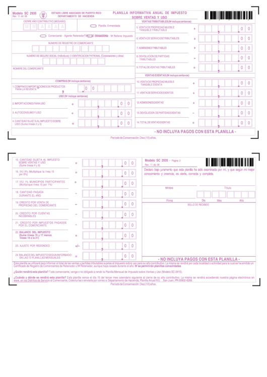 Form Sc 2935 - Planilla Informativa Anual De Impuesto Sobre Ventas Y Uso Printable pdf
