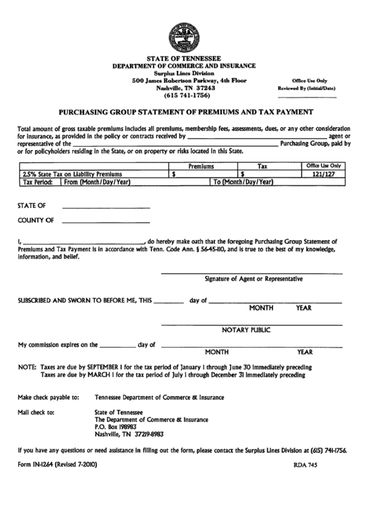 Form In-1264 - Purchasing Group Statement Of Premiums And Tax Payment Printable pdf