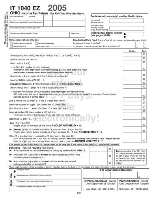 Fillable Form It 1040 Ez - Ohio Income Tax Return Printable pdf