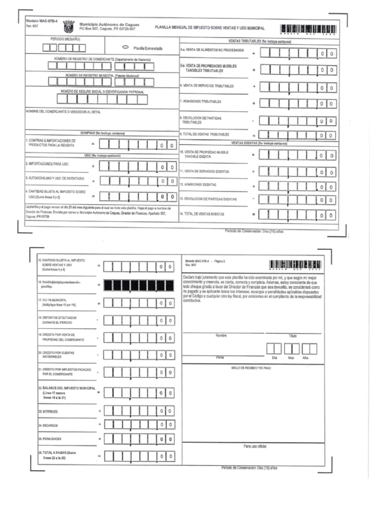 Form Mac-07b-4 - Planilla Mensual De Impuesto Sobre Ventas Y Uso Minicipal Printable pdf