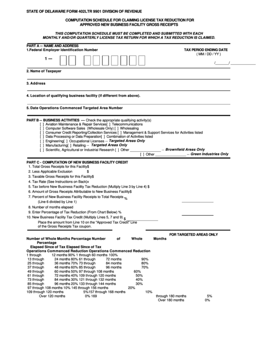 Fillable Form 402ltr 9901 - Computation Schedule For Claiming License Tax Reduction For Approved New Business Facility Gross Receipts - 2006 Printable pdf