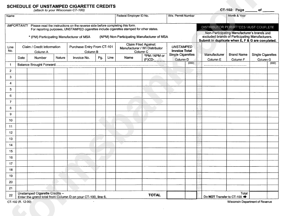 Form Ct-102 - Schedule Of Unstamped Cigarette Credits - 2000