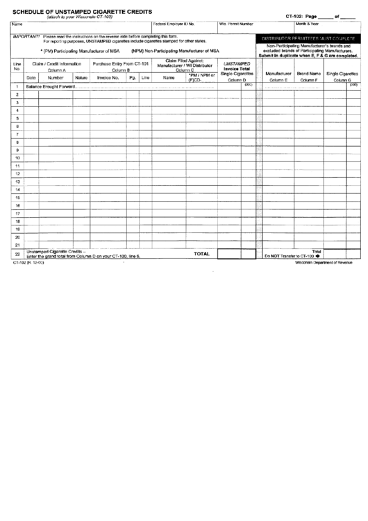 Form Ct-102 - Schedule Of Unstamped Cigarette Credits - 2000 Printable pdf