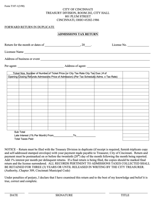 Form T107-1 - Admissions Tax Return - City Of Cincinnati Printable pdf