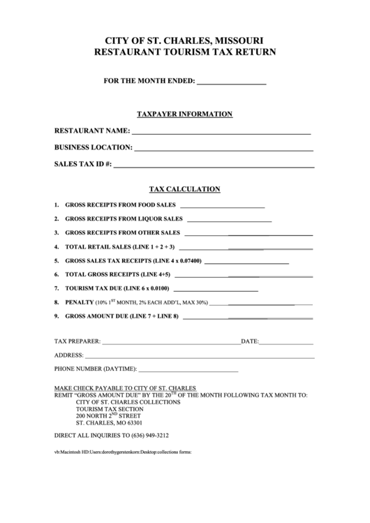 Restaurant Tourism Tax Return Form - City Of St. Charles, Missouri Printable pdf