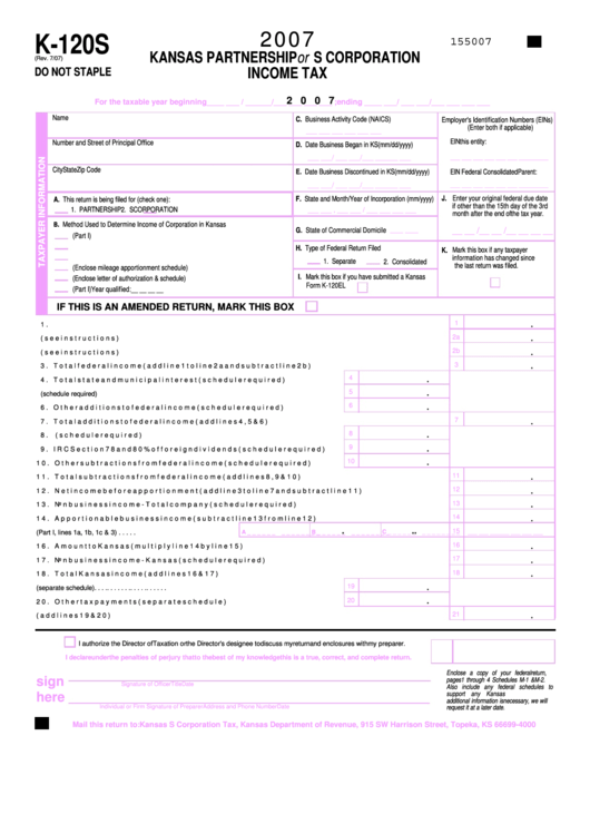 Form K120s Kansas Partnership Or S Corporation Tax printable