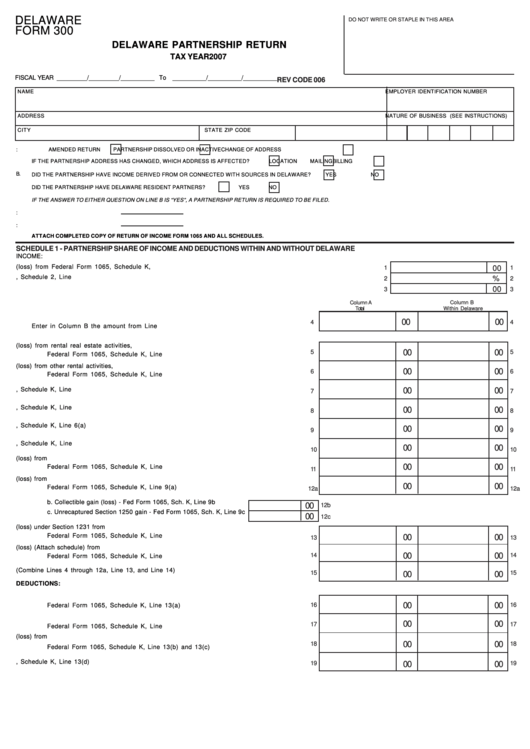 Fillable Delaware Form 300 - Delaware Partnership Return - 2007 Printable pdf