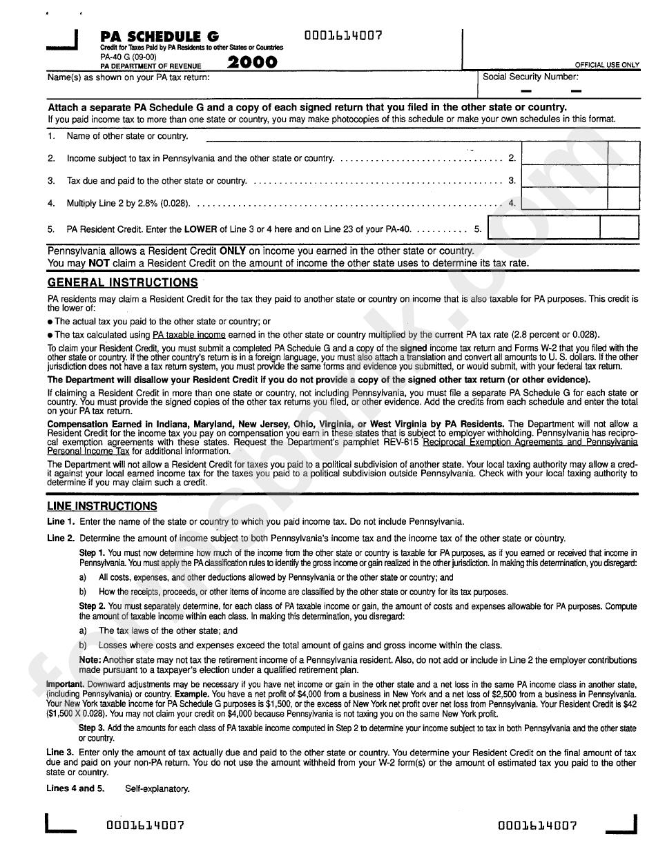 Form Pa-40 G - Credit For Taxes Paid By Pa Residents To Other States Or Countries - 2000