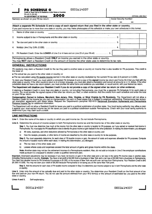 Form Pa-40 G - Credit For Taxes Paid By Pa Residents To Other States Or Countries - 2000 Printable pdf