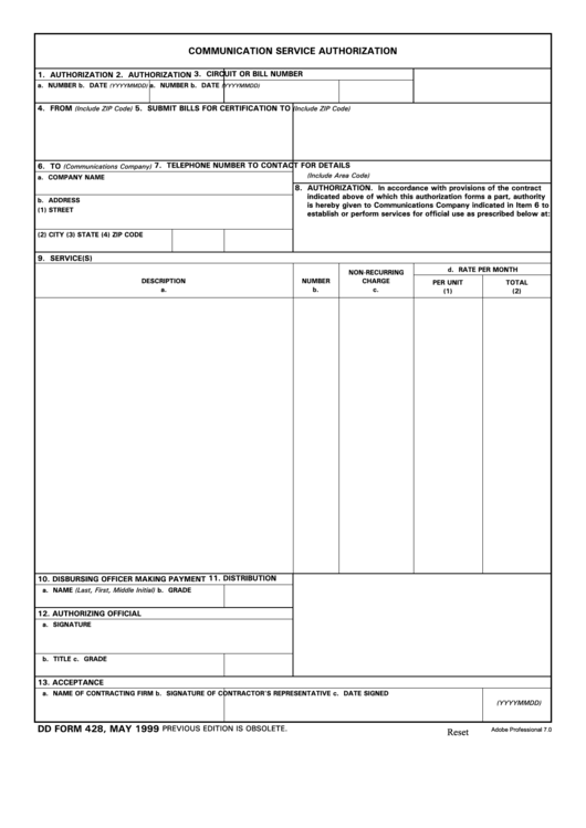 Fillable Dd Form 428 - Communication Service Authorization Printable pdf