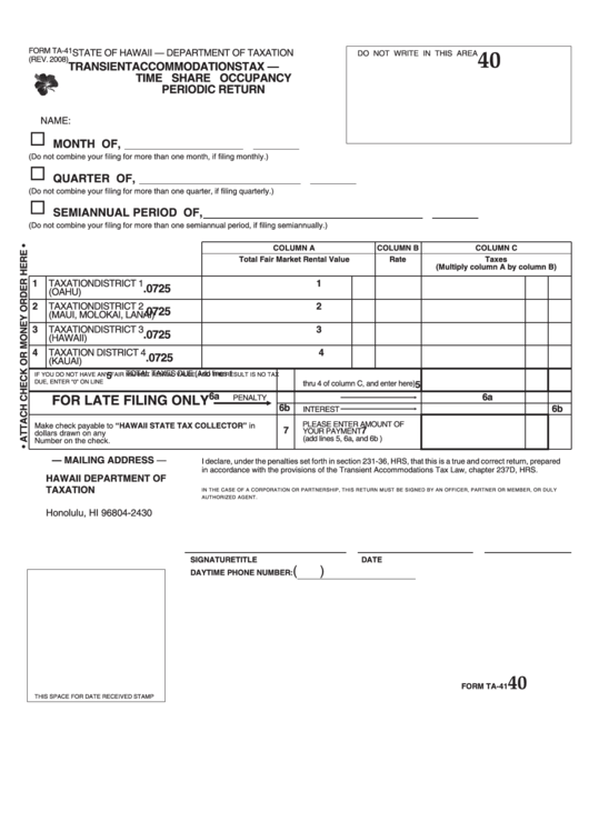 Form Ta-41 - Transient Accommodations Tax - Time Share Occupancy Periodic Return Printable pdf