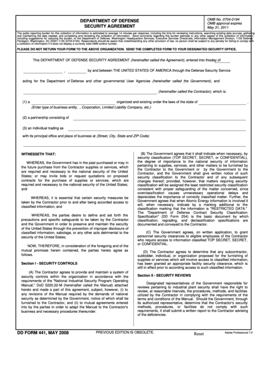 Fillable Form 441 - Security Agreement - 2008 Printable pdf