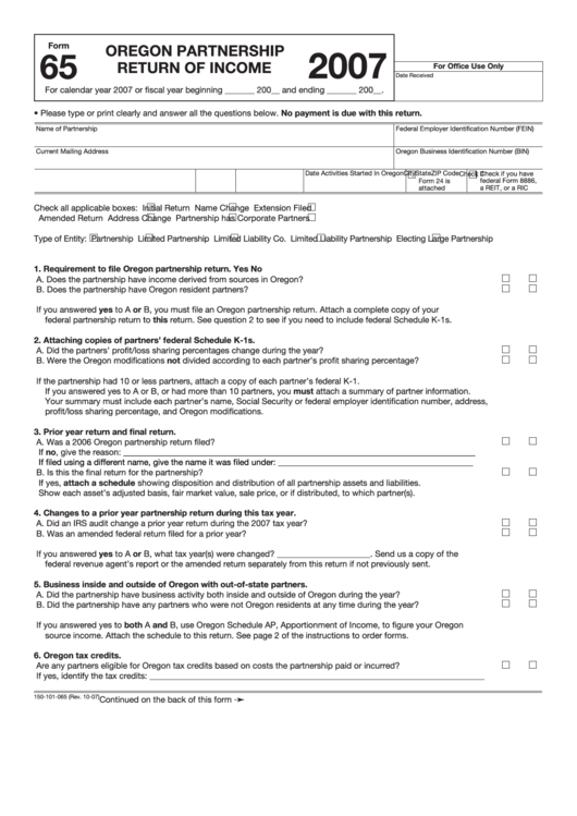 Fillable Form 65 - Oregon Partnership Return Of Income - 2007 Printable pdf
