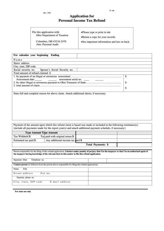 Application For Personal Income Tax Refund Form Printable pdf