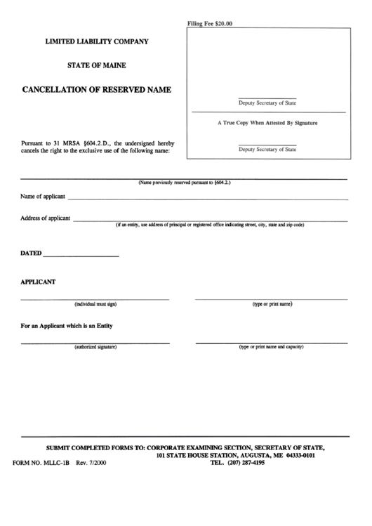 Form Mllc-1b - Cancellation Of Reserved Name - 2000 Printable pdf