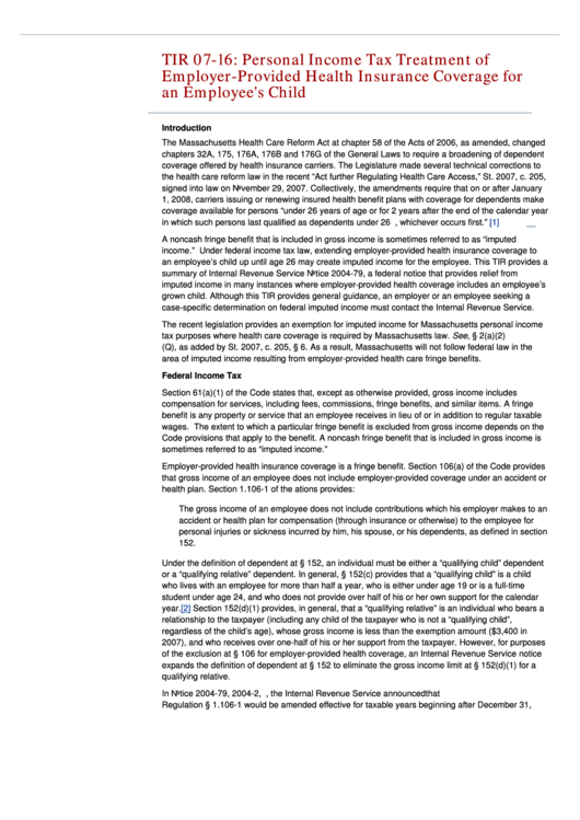 Instructions For Form Tir 07-16: Personal Income Tax Treatment Of Employer-Provided Health Insurance Coverage For An Employee