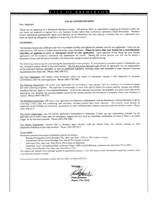 Tax & License Division - City Of Bremerton Printable pdf