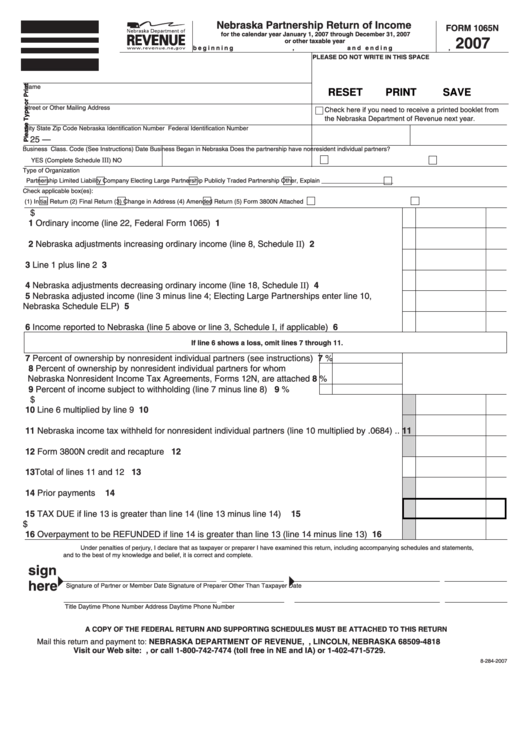 Fillable Form 1065n - Nebraska Partnership Return Of Income - 2007 Printable pdf
