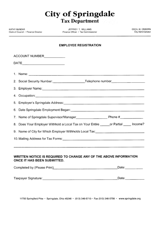 Employee Registration Form - City Of Springdale Printable pdf