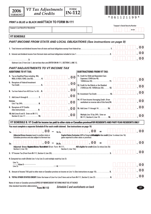 Form In-112 - Vt Tax Adjustments And Credits - 2006 Printable pdf