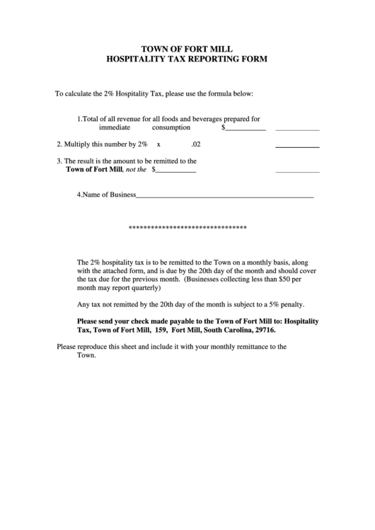 Hospitality Tax Reporting Form - Town Of Fort Mill Printable pdf