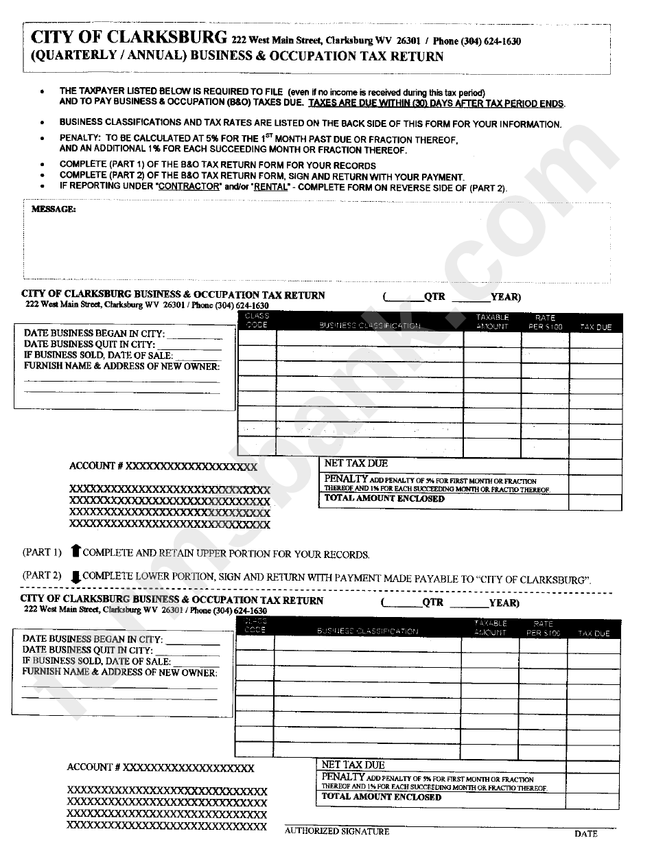 (Quarterly / Annual) Business & Occupation Tax Return Form - City Of Clarksburg