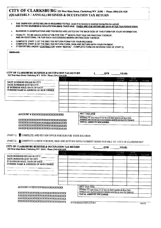 (Quarterly / Annual) Business & Occupation Tax Return Form - City Of Clarksburg Printable pdf