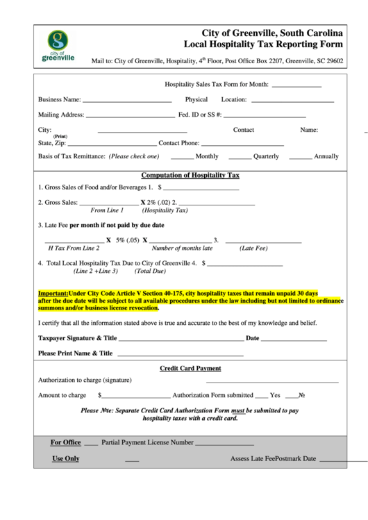 Local Hospitality Tax Reporting Form - City Of Greenville, South Carolina Printable pdf