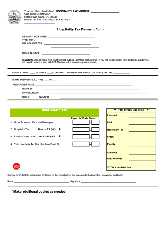 Hospitality Tax Payment Form - Town Of Hilton Head Island Printable pdf
