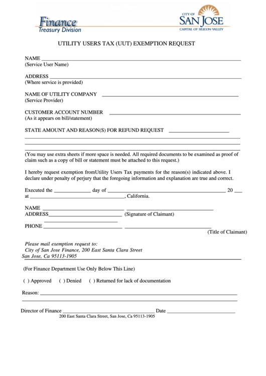 Fillable Utility Users Tax (Uut) Exemption Request - City Of San Jose California Printable pdf