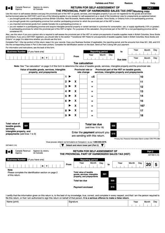 Fillable Return For Self-Assessment Of The Provincial Part Of Harmonized Sales Tax Form (Hst) Printable pdf