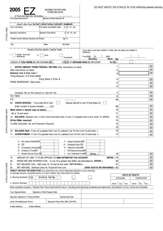 Form 200-03 Ez - Income Tax Return - 2005 Printable pdf