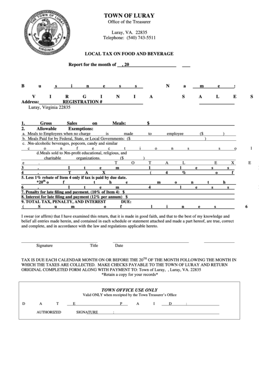 Local Tax On Food And Beverage Form - Town Of Luray Printable pdf