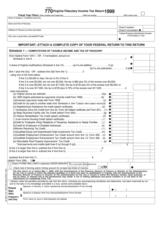 Form 770 - Virginia Fiduciary Income Tax Return - 1999 Printable pdf