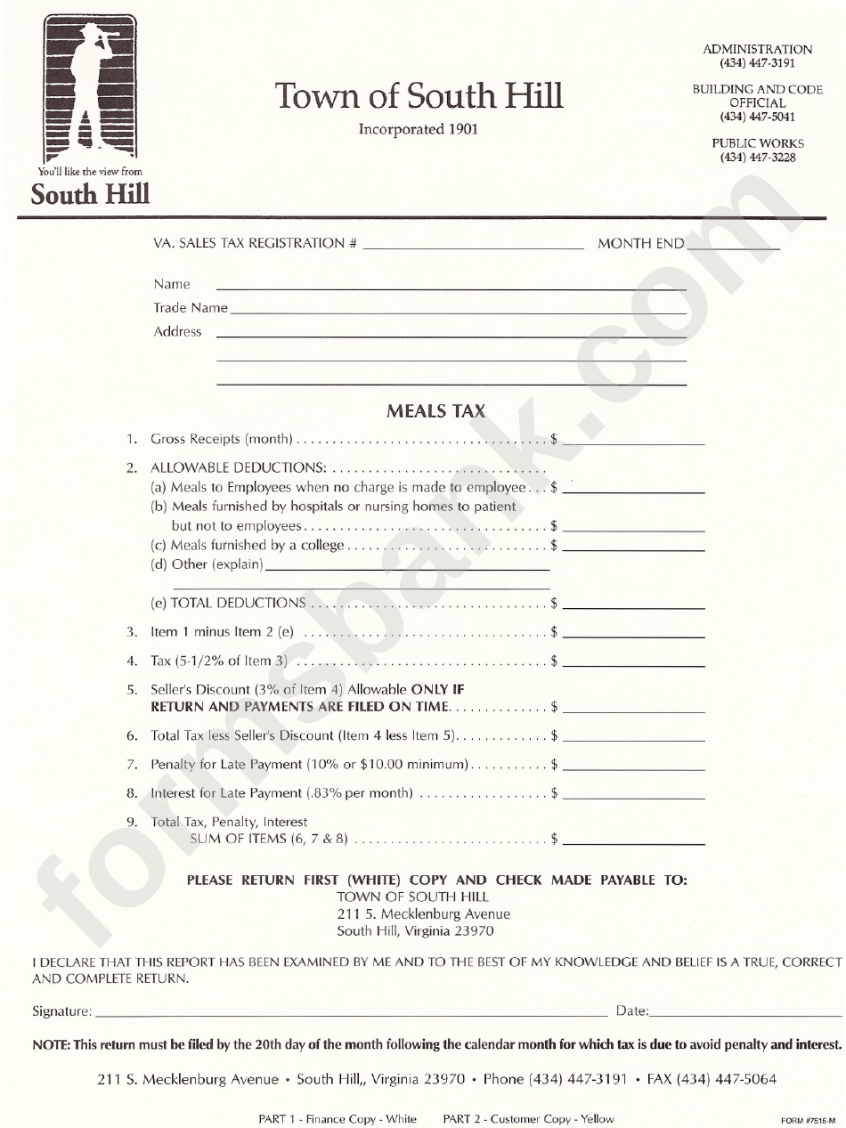Meals Tax Form - Town Of South Hill