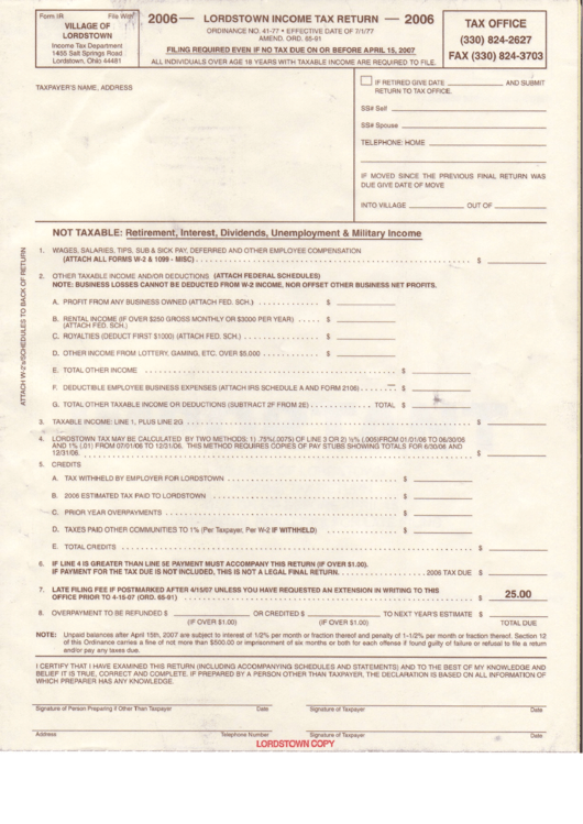 Form Ir - Lordstown Income Tax Return - 2006 Printable pdf