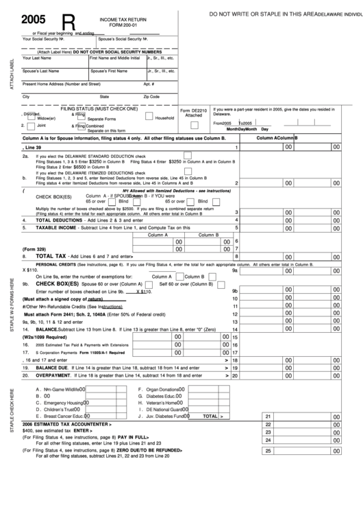 Form 200-01 - Delaware Individual Resident Income Tax Return - 2005 Printable pdf