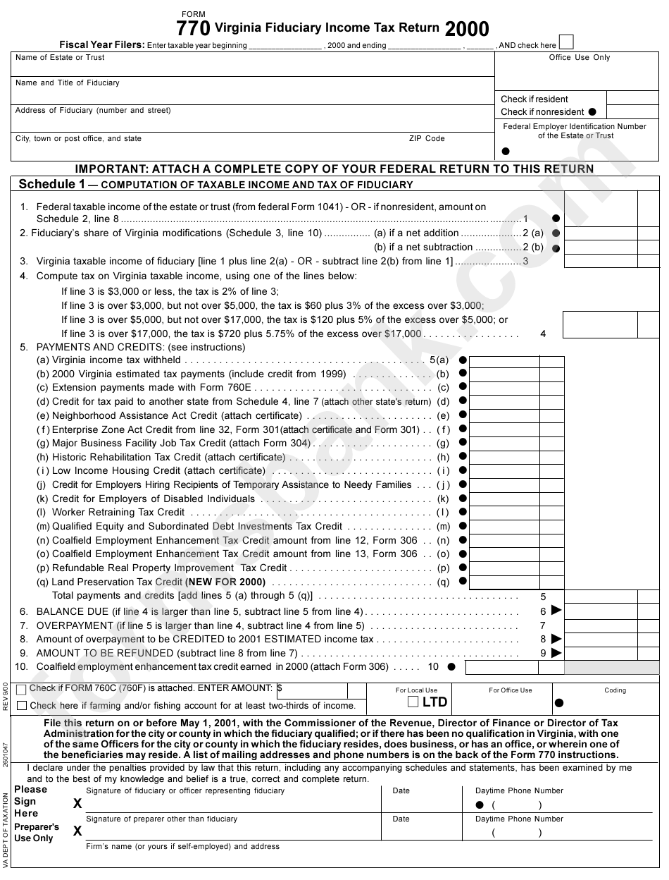 Form 770 - Virginia Fiduciary Income Tax Return - 2000