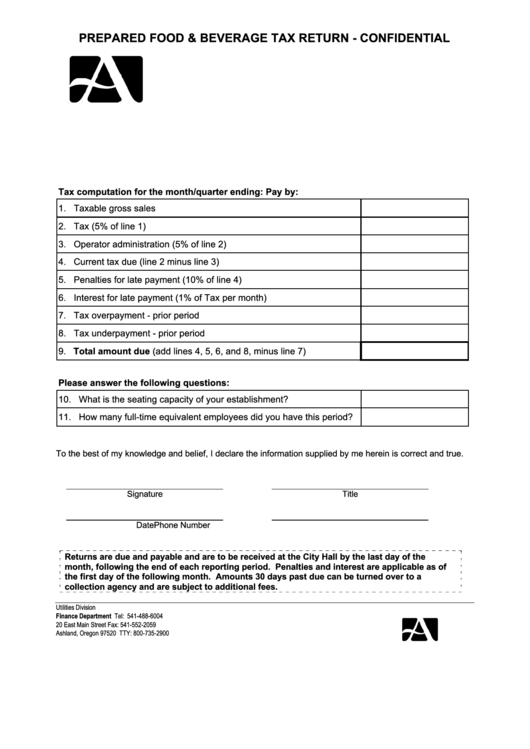 Prepared Food & Beverage Tax Return Form Printable pdf