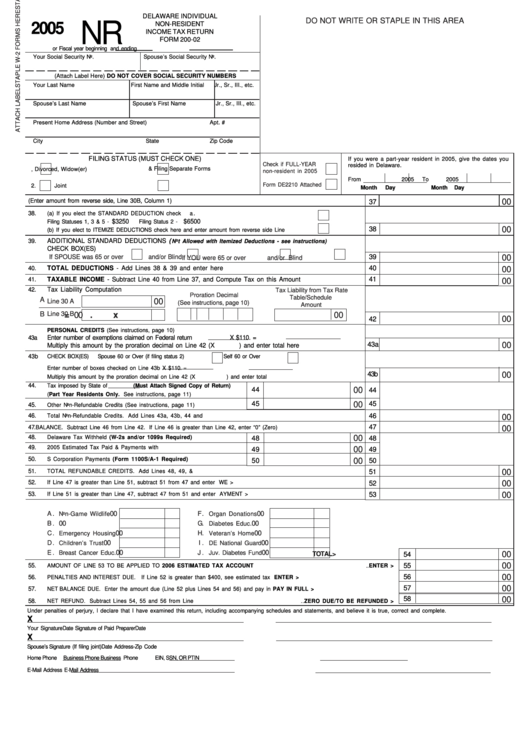 Form 200-02 - Delaware Individual Non-Resident Income Tax Return - 2005 Printable pdf