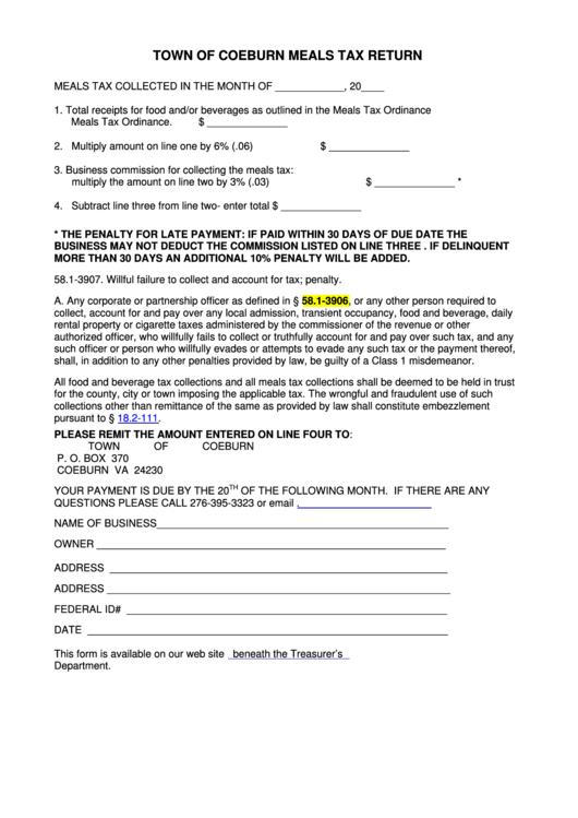 Town Of Coeburn Meals Tax Return Form Printable pdf