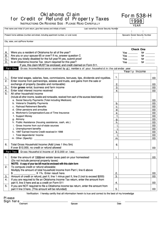 Fillable Form 538-H - Oklahoma Claim For Credit Or Refund Of Property Taxes - 1998 Printable pdf