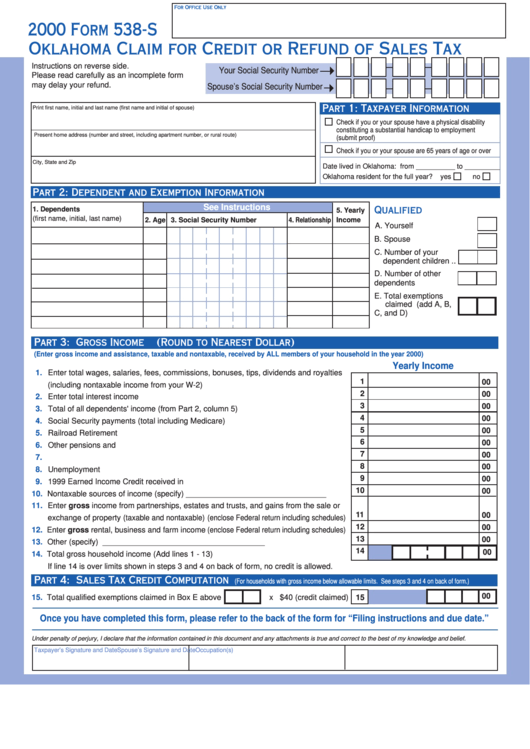 Form 538-S - Claim For Credit Or Refund Of Sales Tax - 2000 Printable pdf