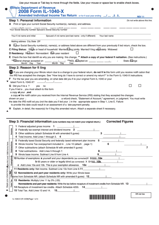 Fillable Form Il-1040-X - Amended Individual Income Tax Return - 2008 Printable pdf
