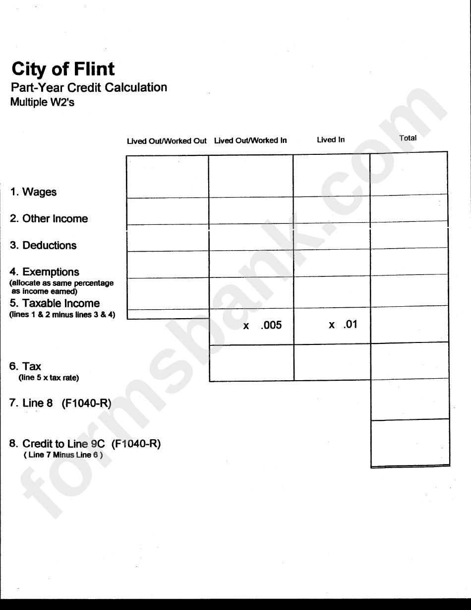 Part-Year Credit Calculation Form - City Of Flint