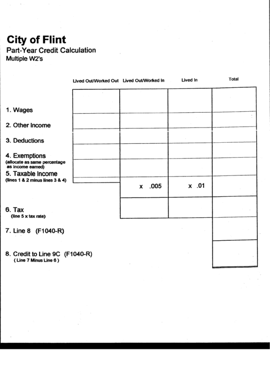 Part-Year Credit Calculation Form - City Of Flint Printable pdf