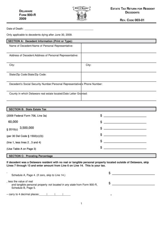 Fillable Form 900-R - Estate Tax Return For Resident Decedents - 2009 Printable pdf