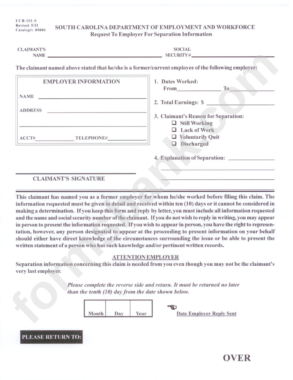 Form Ucb-101-S - Request To Employer For Separation Information